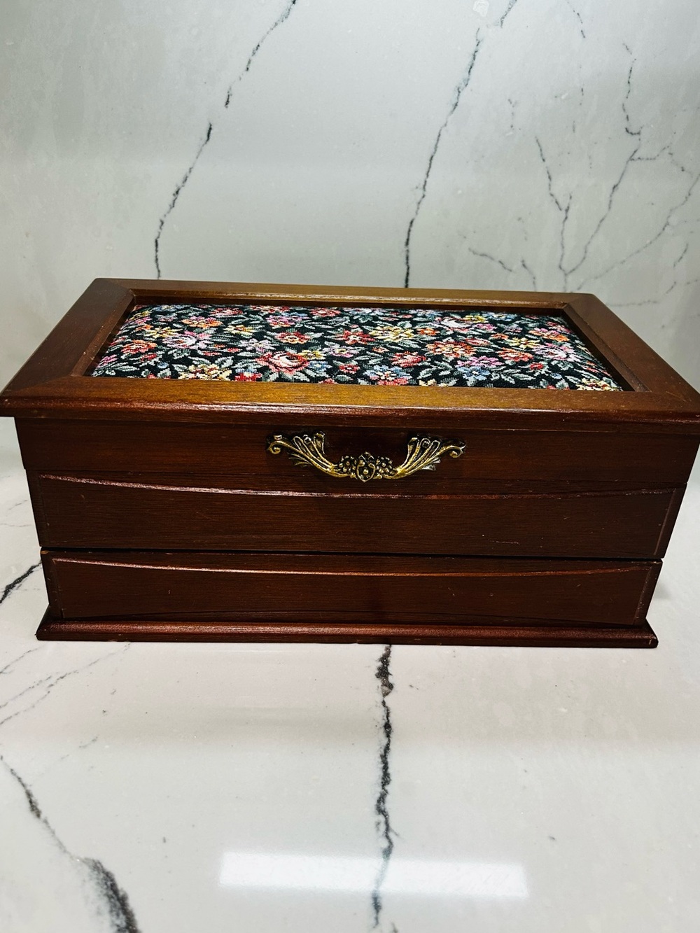 Vintage Solid Wood Jewelry Box, Tapestry Fabric Top, Yellow Velvet Interior